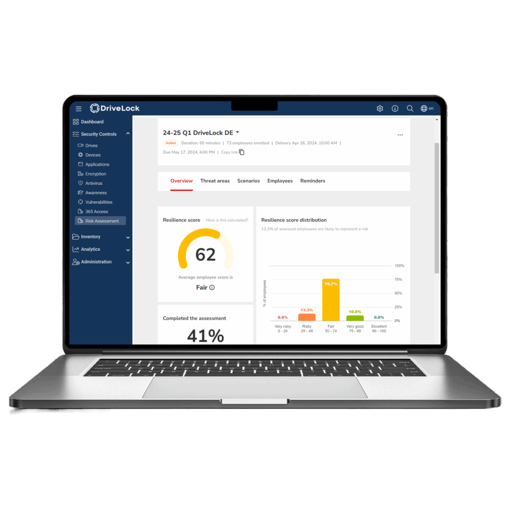 Web-Dashboard von DriveLock Human Risk Assessment mit Risikobewertung der Mitarbeitenden basierend auf IT-Sicherheitsverhalten und Awareness-Level.