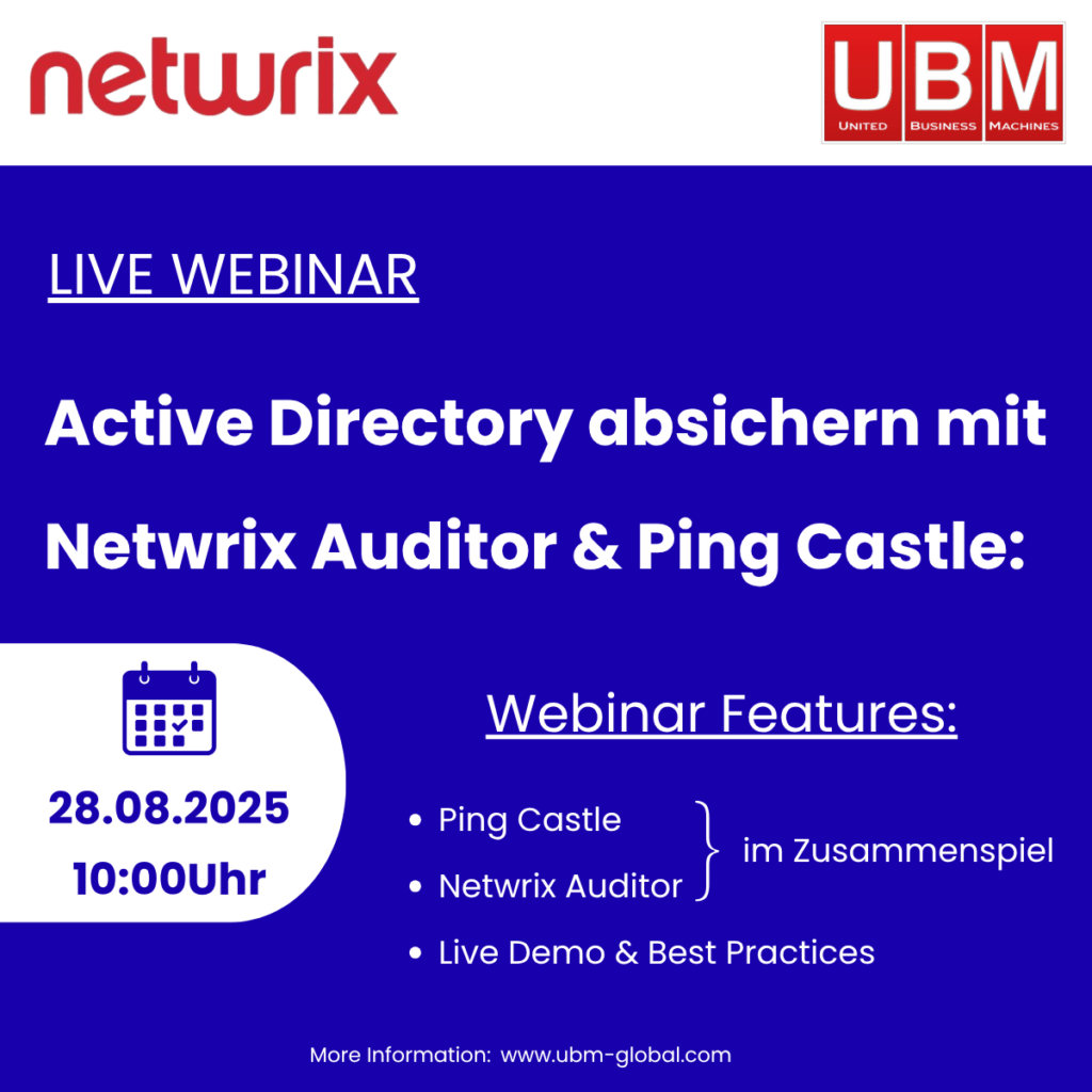 Grafik zur UBM-Netwrix-Partnerschaft – Lösungen für IT-Auditing, Zugriffskontrolle und Compliance im Unternehmensumfeld.