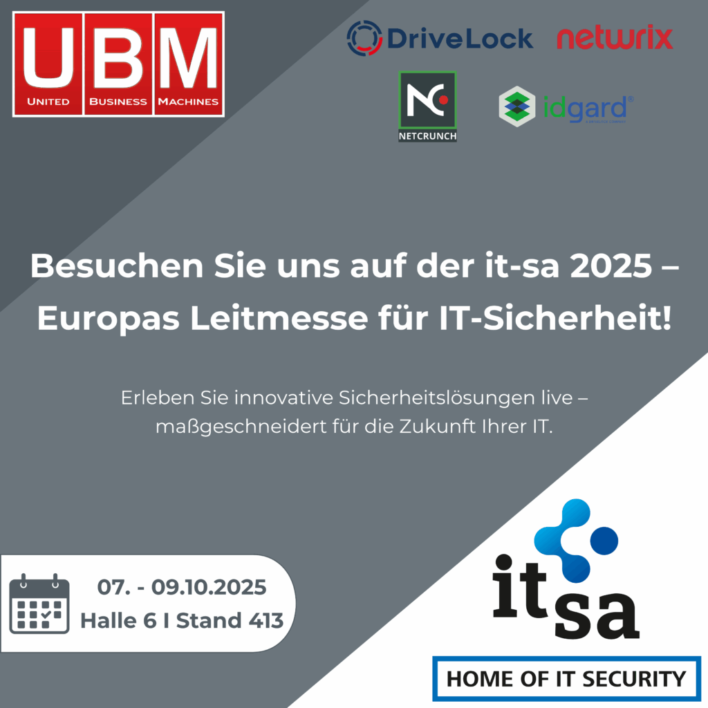 Social-Media-Grafik zur it-sa 2025 mit UBM GmbH – Einladung zur führenden IT-Security-Fachmesse in Nürnberg.