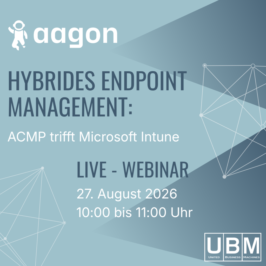 Webinar-Grafik von Aagon und UBM zu hybridem Endpoint Management mit ACMP und Microsoft Intune am 27. August 2026.
