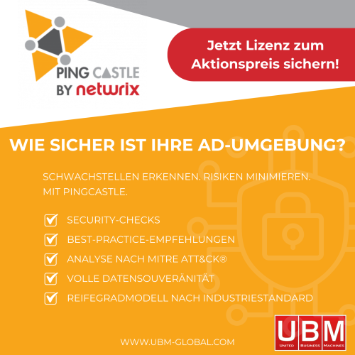 LinkedIn-Grafik zu PingCastle-Analyse durch UBM – Active Directory Security Assessment zur Identifikation von Risiken und Schwachstellen.